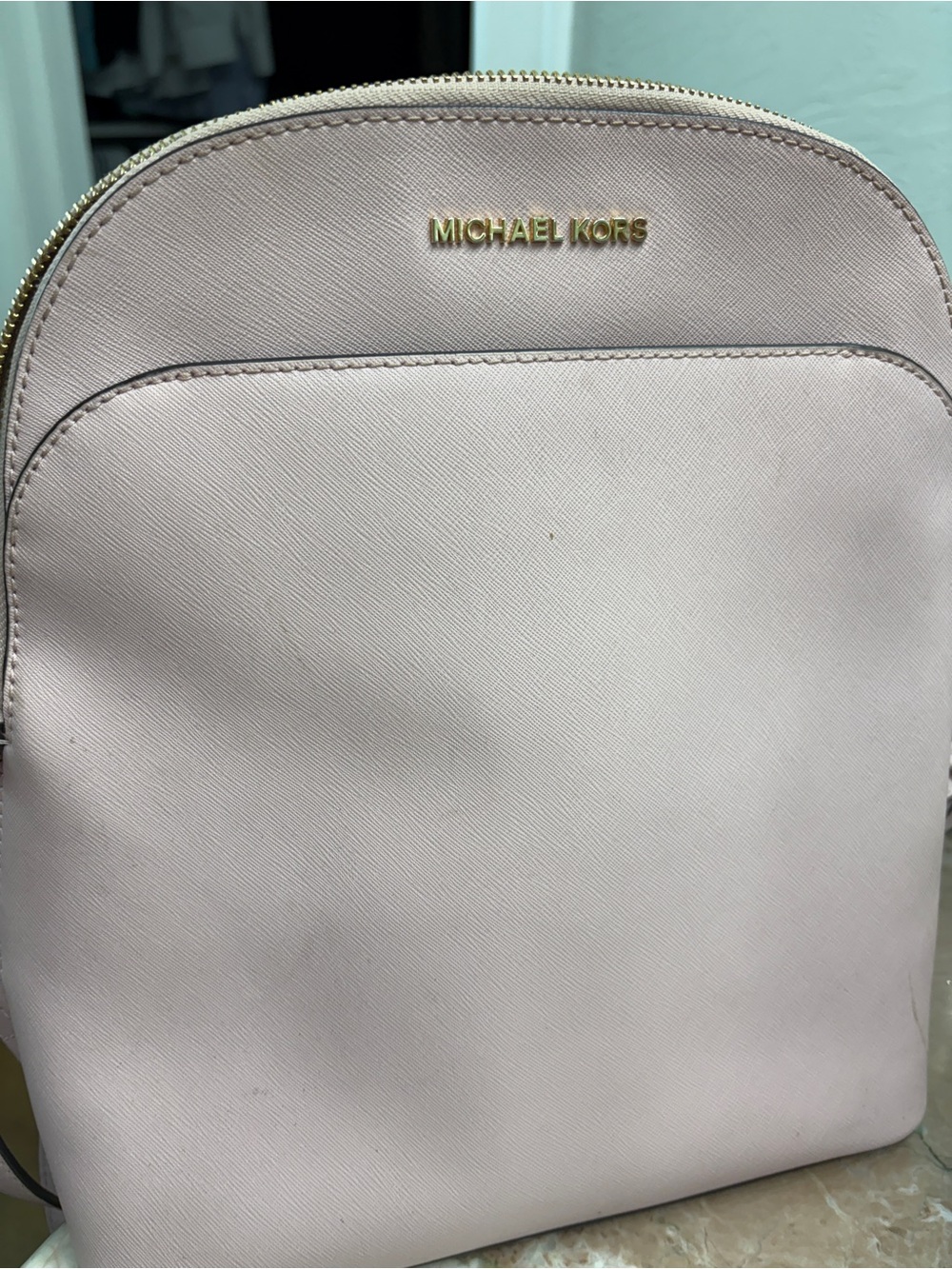 Michael Kors Pale Pink Saffiano Backpack with Gold Hardware